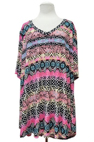 100 PSS {Pretty In Prints} Pink Printed V-Neck Top EXTENDED PLUS SIZE 1X 2X 3X 4X 5X - Image 2