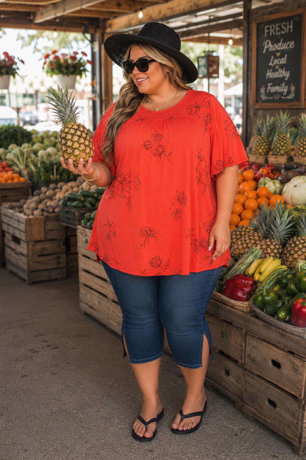 100 PSS {Spice Blossom} Rust Flower Print Shirred Top EXTENDED PLUS SIZE 4X 5X 6X