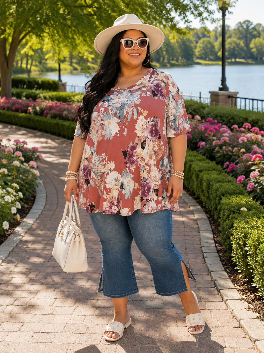 100 PSS {Sunday Stroll} Mauve Floral V-Neck Top EXTENDED PLUS SIZE 3X 4X 5X