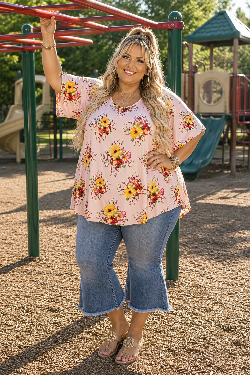 100 PSS {Sunshine Bloom} Pink Yellow Floral Print Top EXTENDED PLUS SIZE 3X 4X 5X