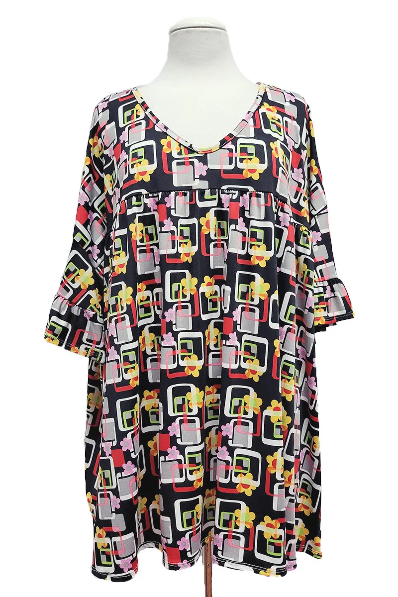 100 PSS {Sweet Living} Black Daisy & Square Print Top EXTENDED PLUS SIZE 2X 3X 4X  TRUE TO SIZE!! - Image 2