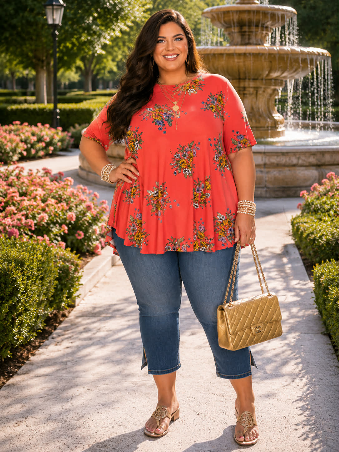 100 PSS {Warm Meadow} Rust Flower Short Sleeve Top  EXTENDED PLUS SIZE 3X 4X 5X