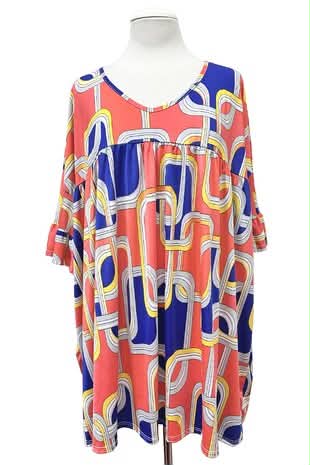 100 PSSS {Chain Reaction} Orange Blue Print V-Neck Top EXTENDED PLUS SIZE 4X 5X 6X - Image 2