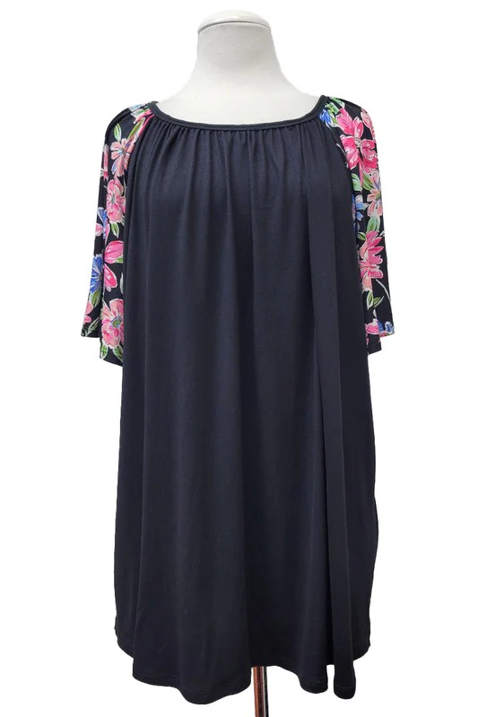 100 SD {Be Amazed} Black Floral Sleeve Round Neck Tunic EXTENDED PLUS SIZE  2X 3X 4X  TRUE TO SIZE!! - Image 2