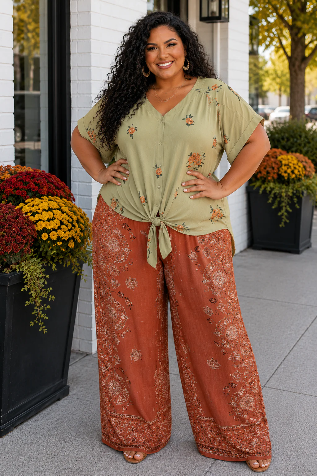 100 SD {Sage Blossom} Sage Button Top w/Floral Embroidery PLUS SIZE 3X