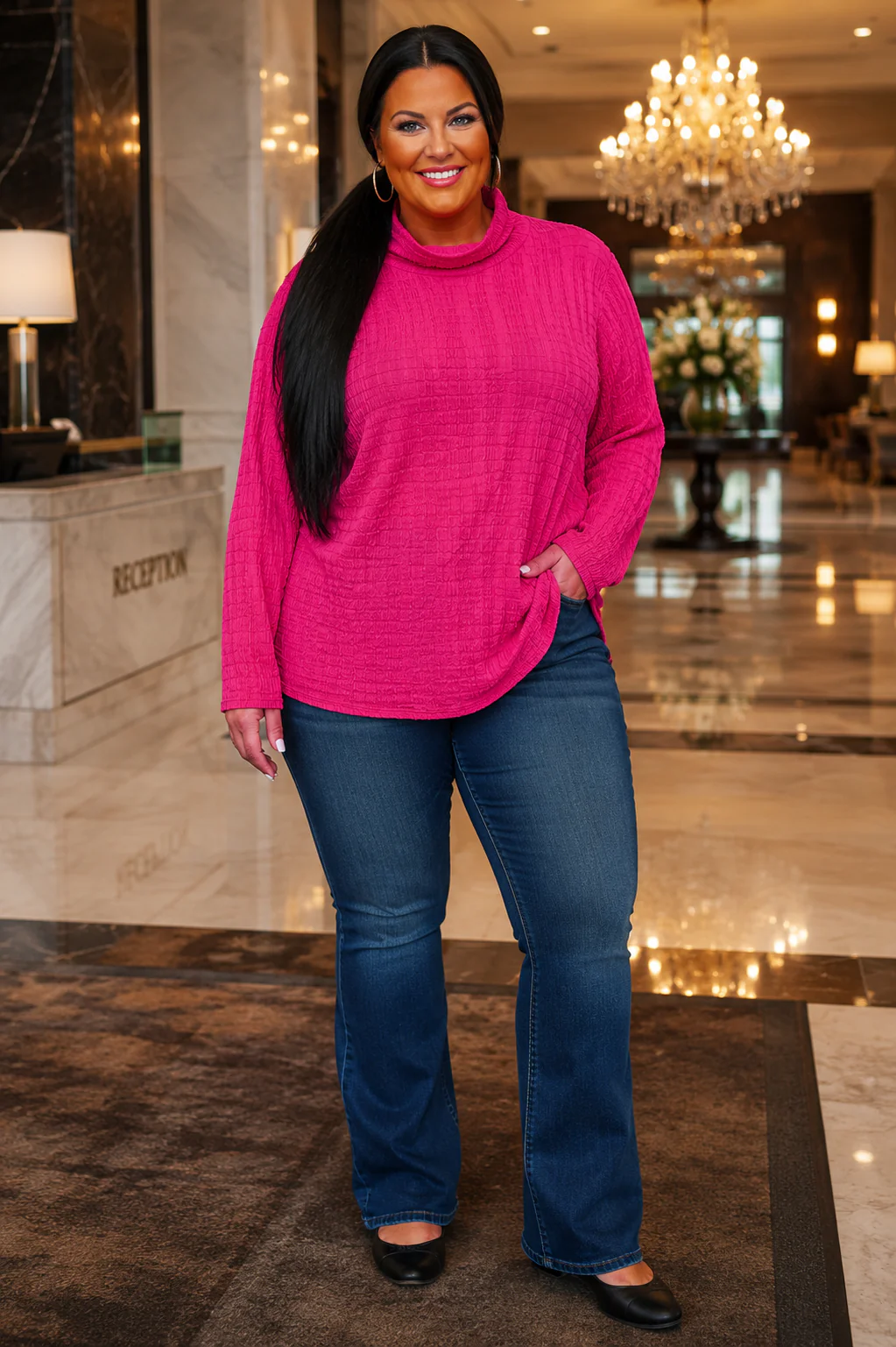 100 SLS {Berry Crush} Fuchsia Crinkle Long Sleeve Top PLUS SIZE 1X