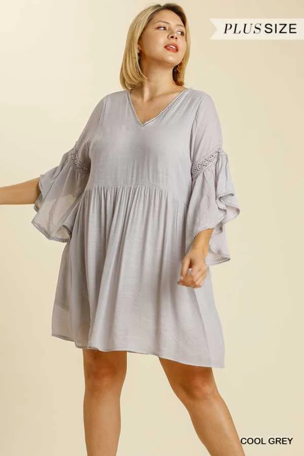 100 SQ {Easy Romance} UMGEE Cool Grey Dress with Trumpet Sleeves PLUS SIZE XL 1X 2X - Image 2