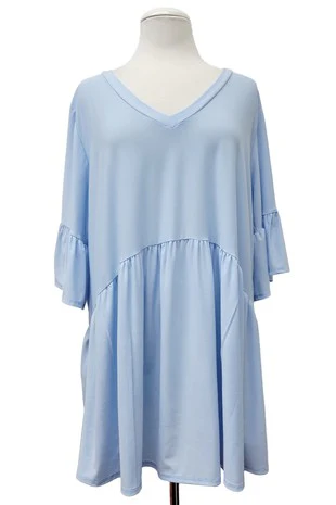100 SQ {Cool & Casual} Sky Blue Baby Doll Tunic V Neck  Tulip Sleeve EXTENDED PLUS SIZE 3X 4X 5X - Image 2