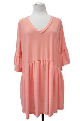 100 SQ {Feeling Peachy} Coral Baby Doll V Neck Tunic Tulip Sleeve  EXTENDED PLUS SIZE 3X 4X 5X - Image 2