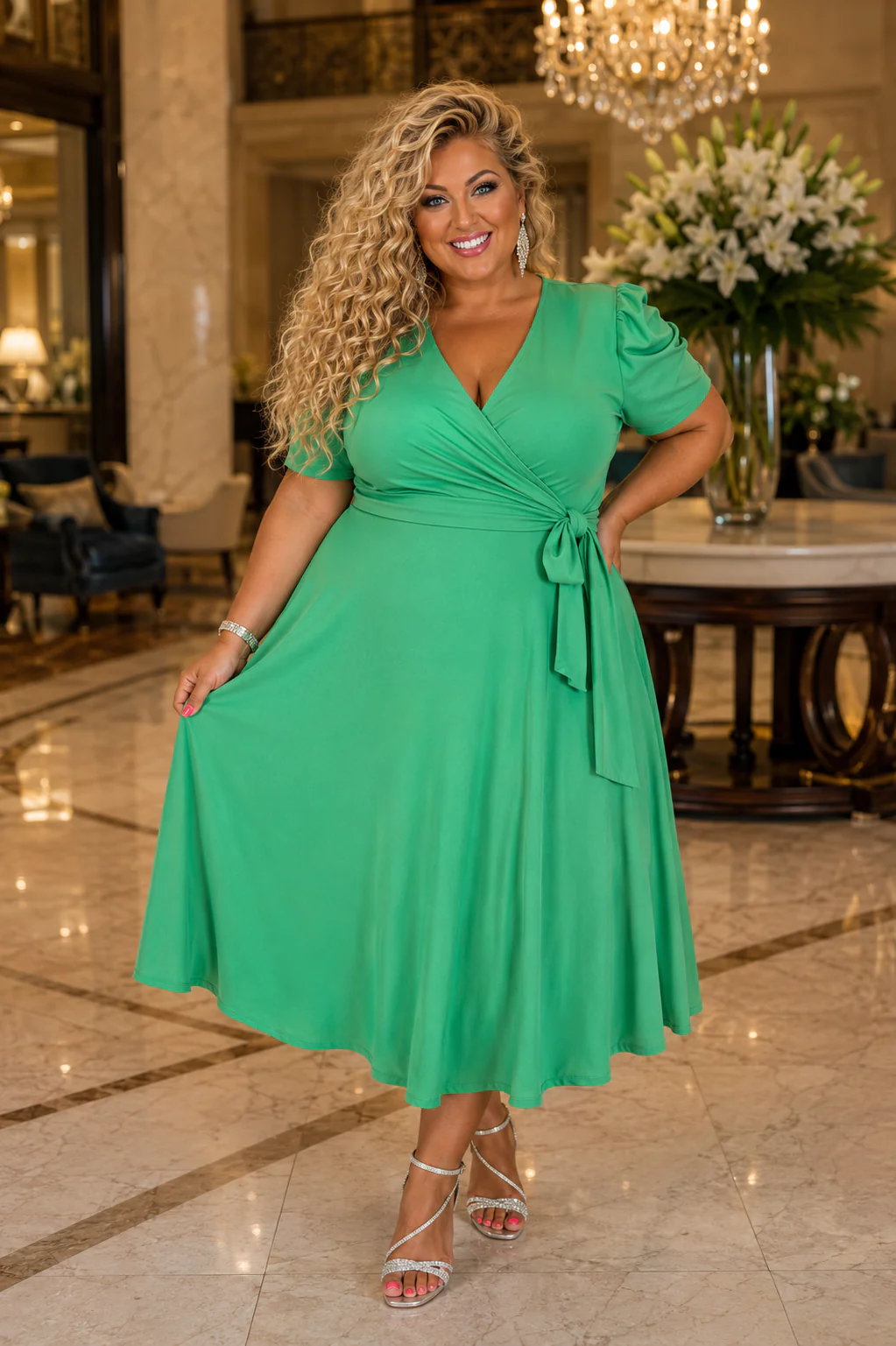 100 SSS {The Traveler} Kelly Green Faux Wrap Dress w/Side Tie PLUS SIZE XL 2X 3X