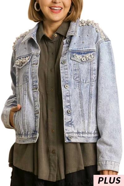 13 OT-C   {What It Takes} Umgee Lt. Denim Short Jacket W/Pearls  PLUS SIZE XL 1X 2X - Image 4
