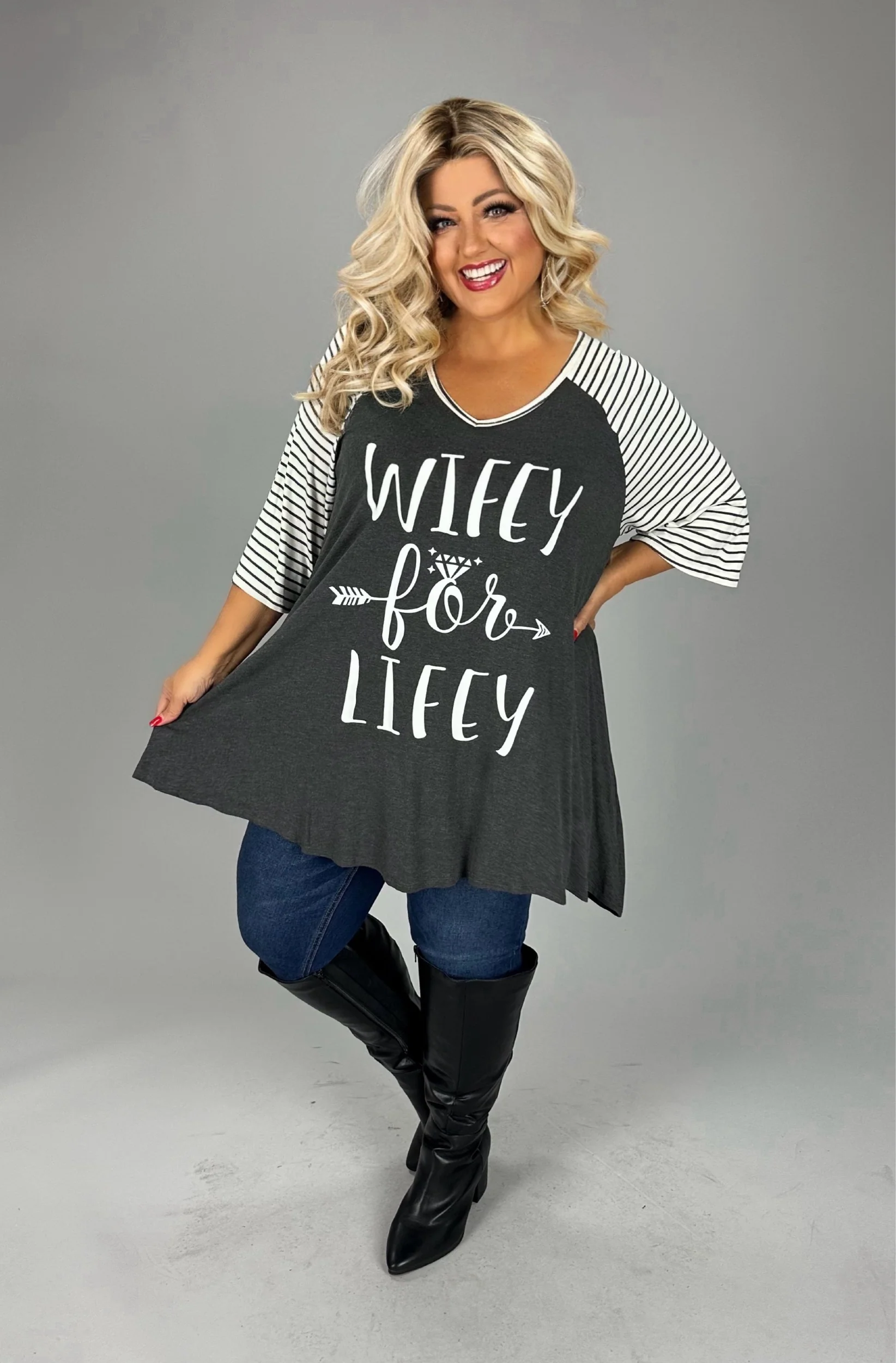14 GT {Wifey For Lifey} Charcoal Striped Sleeve Graphic Tee CURVY BRAND!!!  EXTENDED PLUS SIZE XL 2X 3X 4X 5X 6X (May Size Down 1 Size) - Image 3