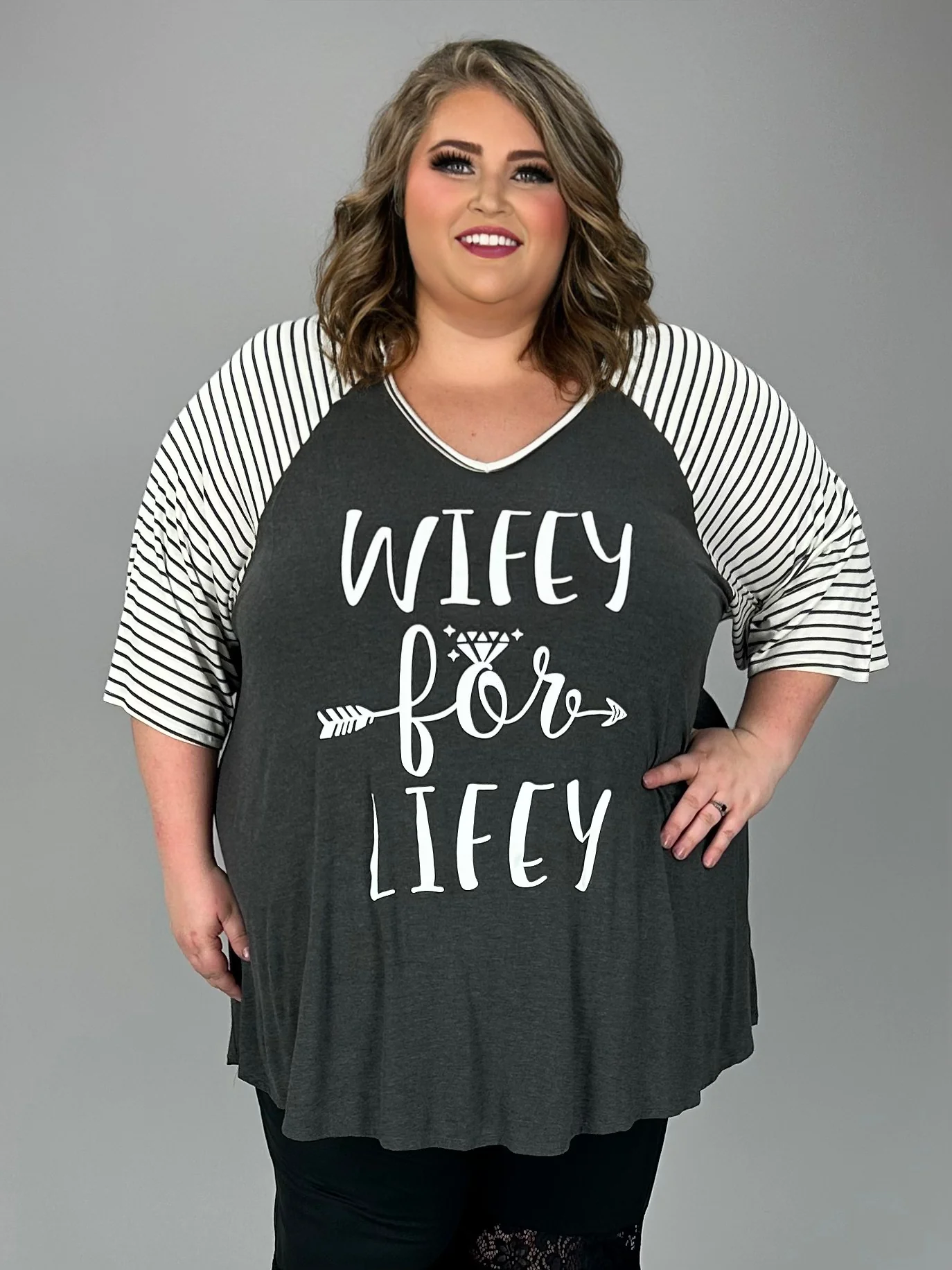 14 GT {Wifey For Lifey} Charcoal Striped Sleeve Graphic Tee CURVY BRAND!!!  EXTENDED PLUS SIZE XL 2X 3X 4X 5X 6X (May Size Down 1 Size) - Image 4