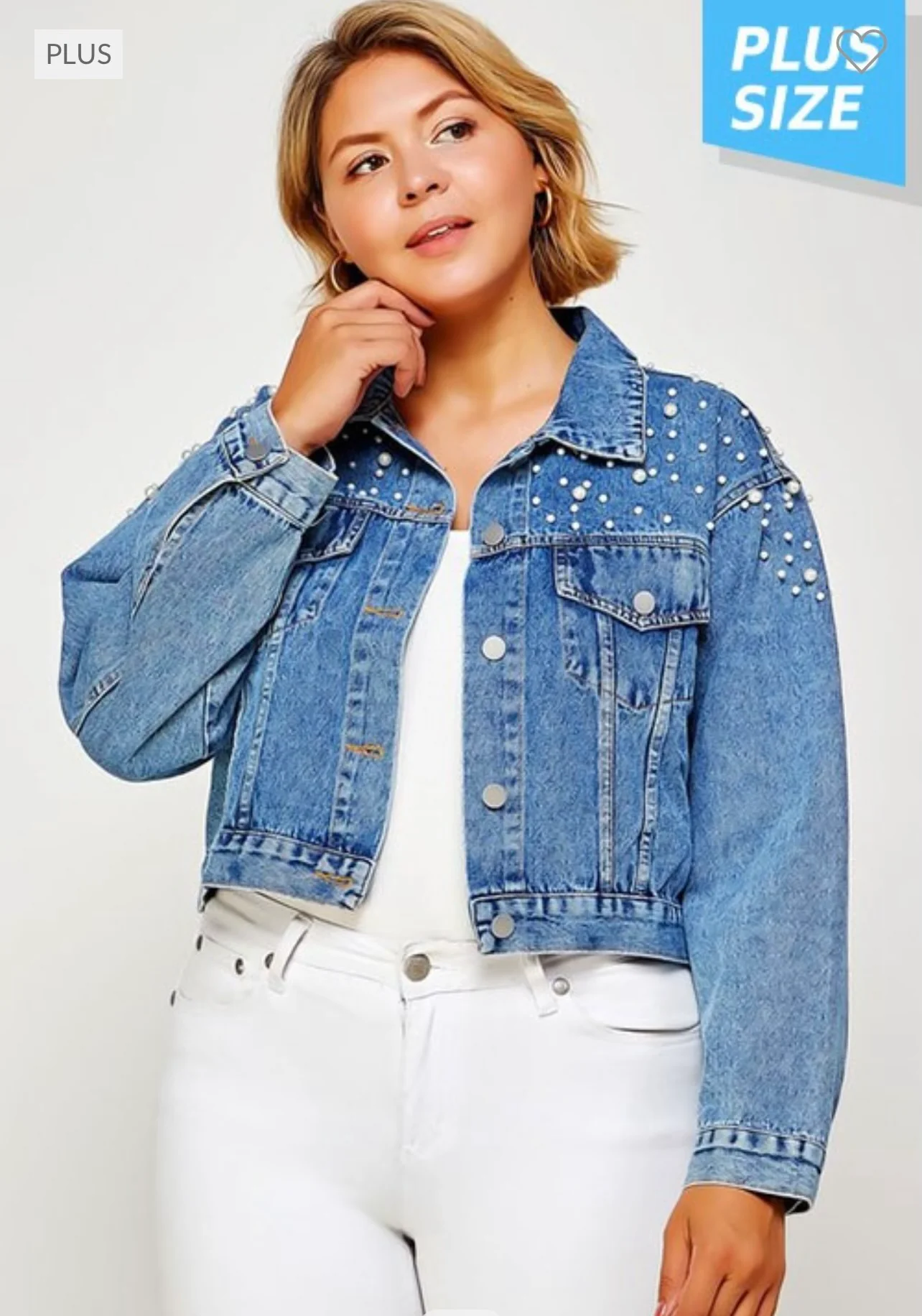 41 OT-B   {Elegant Denim}  Denim Jacket with Pearl Detail (RUNS SMALL) PLUS SIZE 1X/2X 2X/3X - Image 3