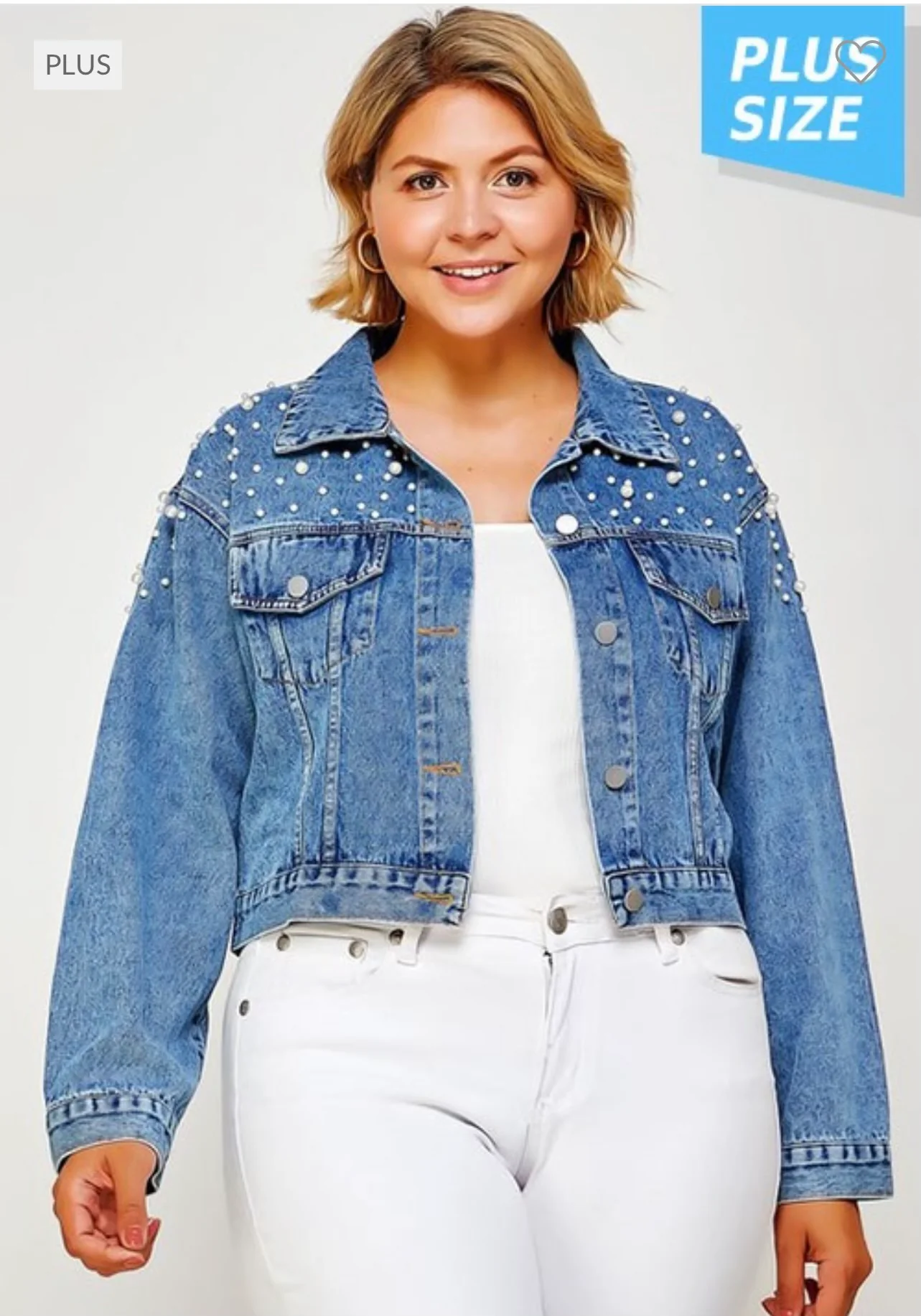 41 OT-B   {Elegant Denim}  Denim Jacket with Pearl Detail (RUNS SMALL) PLUS SIZE 1X/2X 2X/3X - Image 4