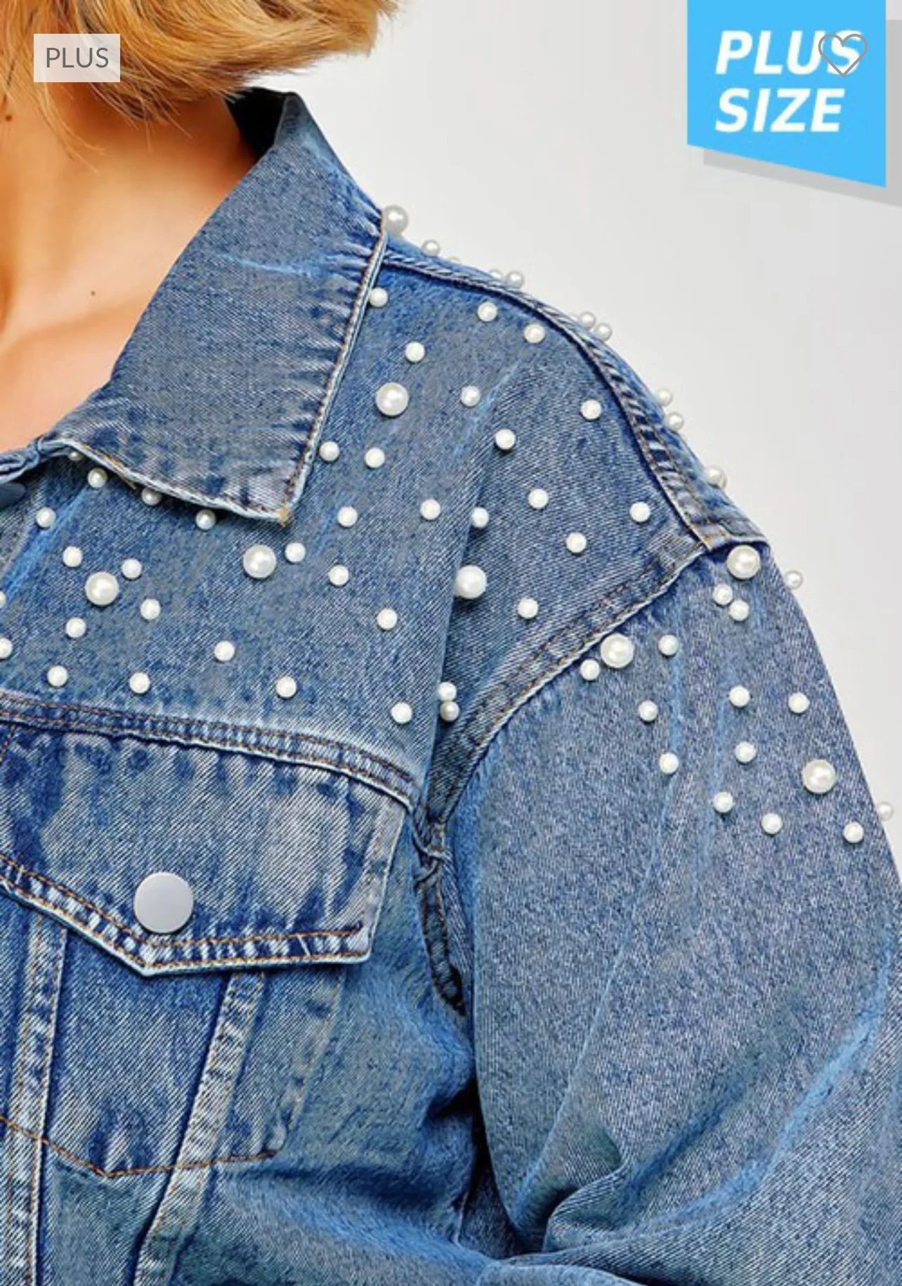 41 OT-B   {Elegant Denim}  Denim Jacket with Pearl Detail (RUNS SMALL) PLUS SIZE 1X/2X 2X/3X - Image 5