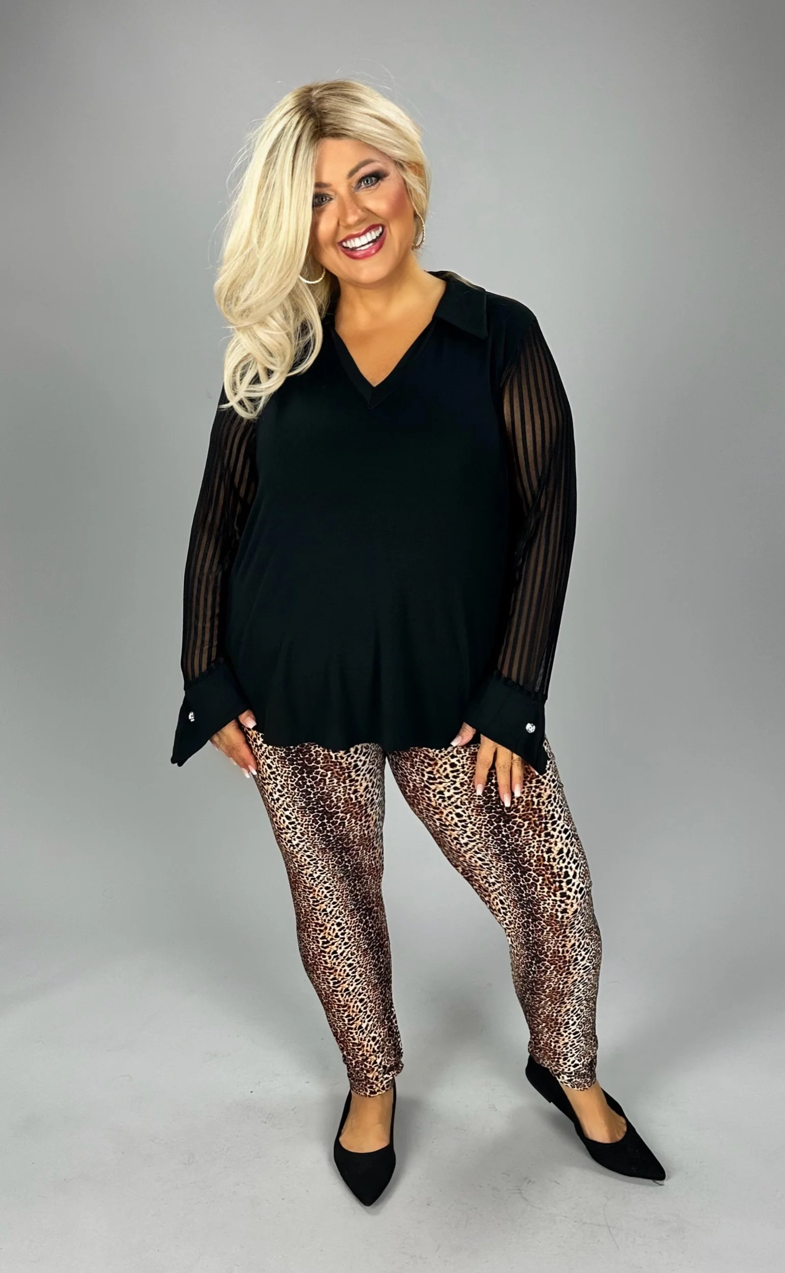 18 SLS {A Little Drama}  V-Neck Black Collared Top w/Sheer Sleeves PLUS SIZE XL 2X 3X - Image 3
