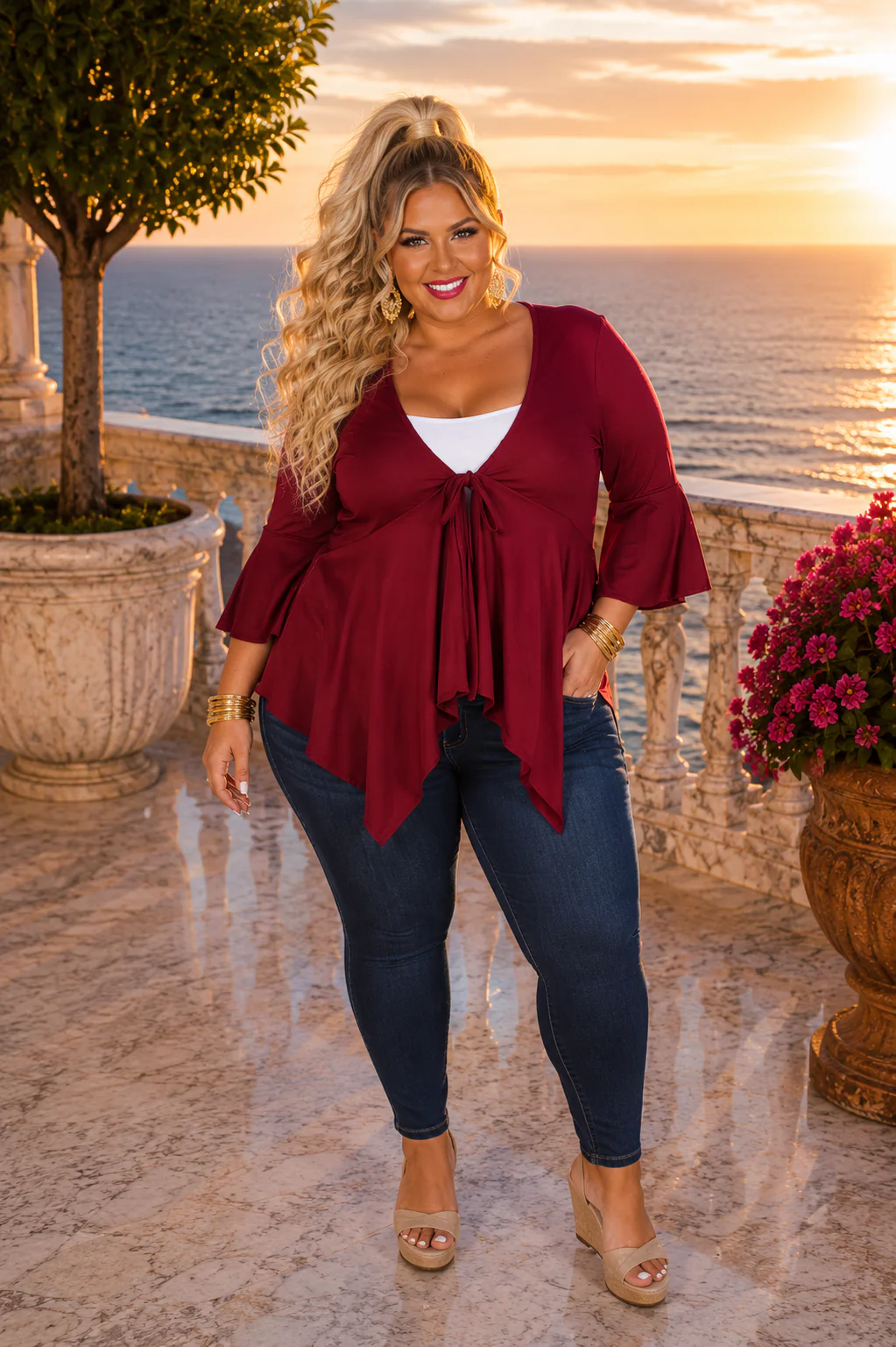 20 SQ {Chic Aspirations} Burgundy Babydoll Top w Tie Front Detail PLUS SIZE 1X 2X 3X