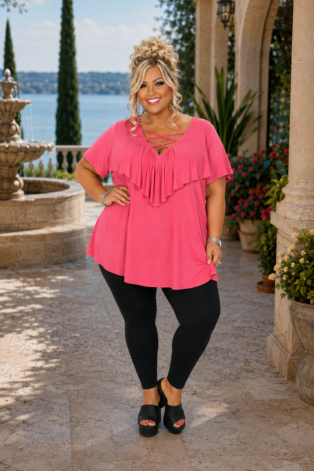 20 SSS {Hold Back Time} Coral Double Cross Neck Top CURVY BRAND PLUS SIZE 1X 2X 3X 4X 5X 6X