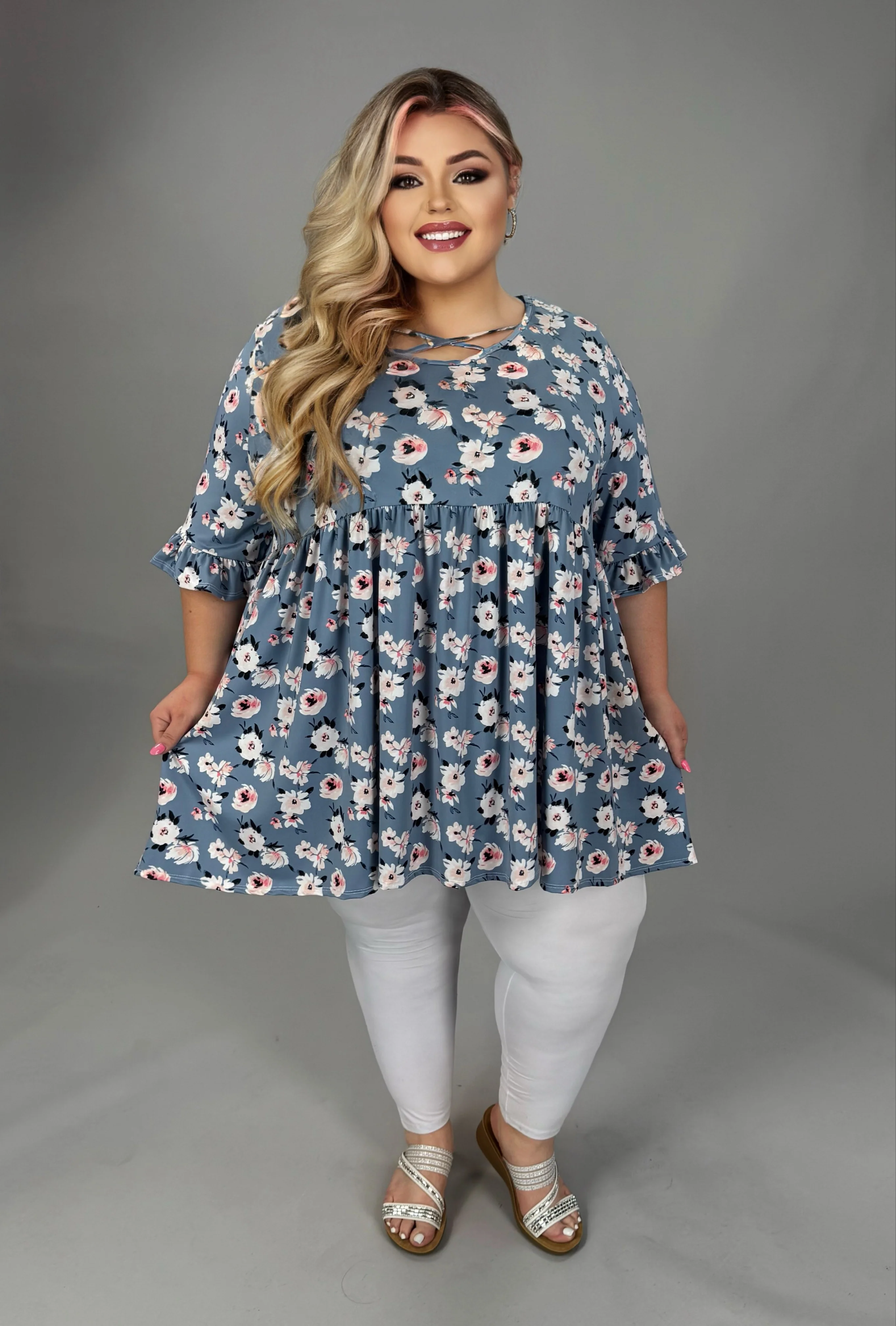 100 PSS {Natural Beauty} Dusty Blue Floral Cross Neck Top EXTENDED PLUS SIZE 3X 4X 5X - Image 3