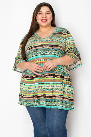 23 PSS {The It Girl} Tan/Mint Tribal Print Babydoll Top PLUS SIZE 1X 2X 3X 5X - Image 2