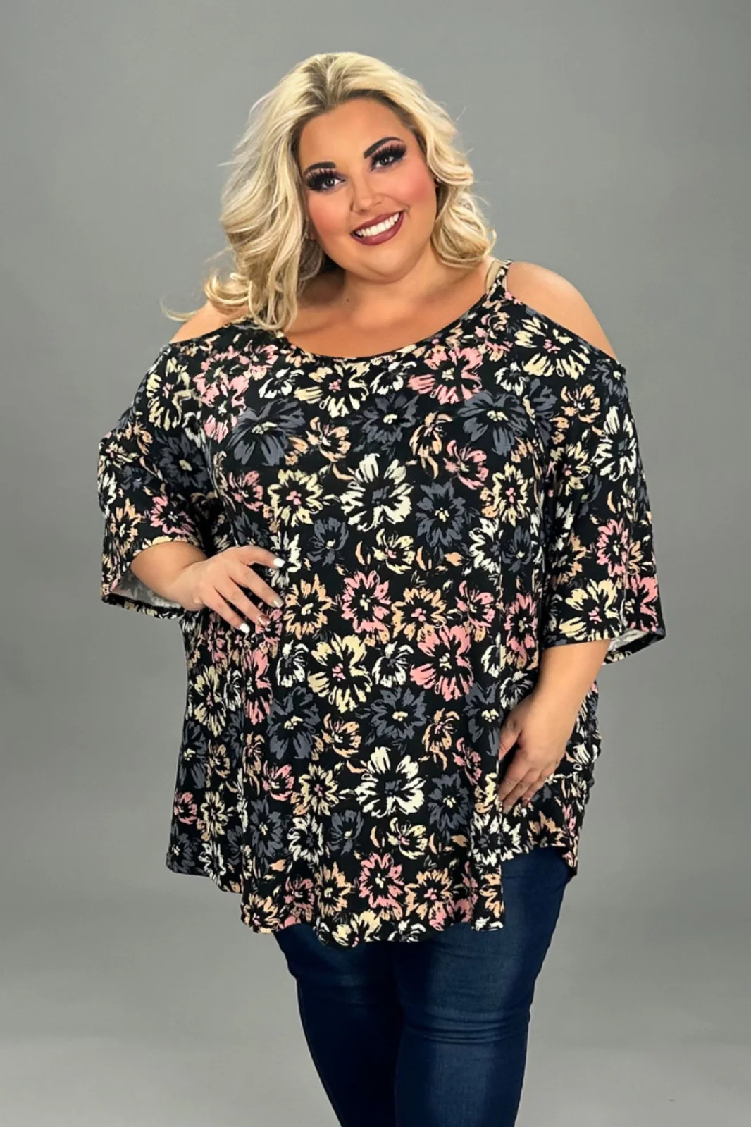 25 OS {You Belong To Me} Black Floral Cold Shoulder Tunic CURVY BRAND!!!  EXTENDED PLUS SIZE 4X 5X 6X - Image 2
