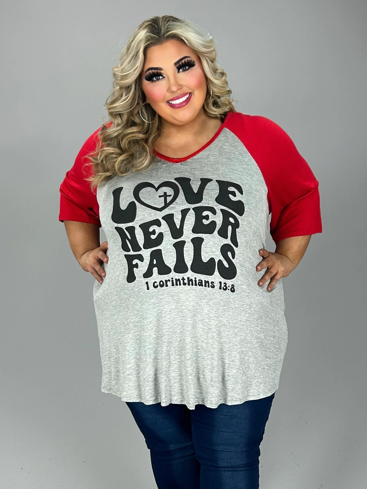 27 GT {Love Never Fails} Grey/Red Graphic Tee CURVY BRAND!!! EXTENDED PLUS SIZE XL 2X 3X 4X 5X 6X - Image 3