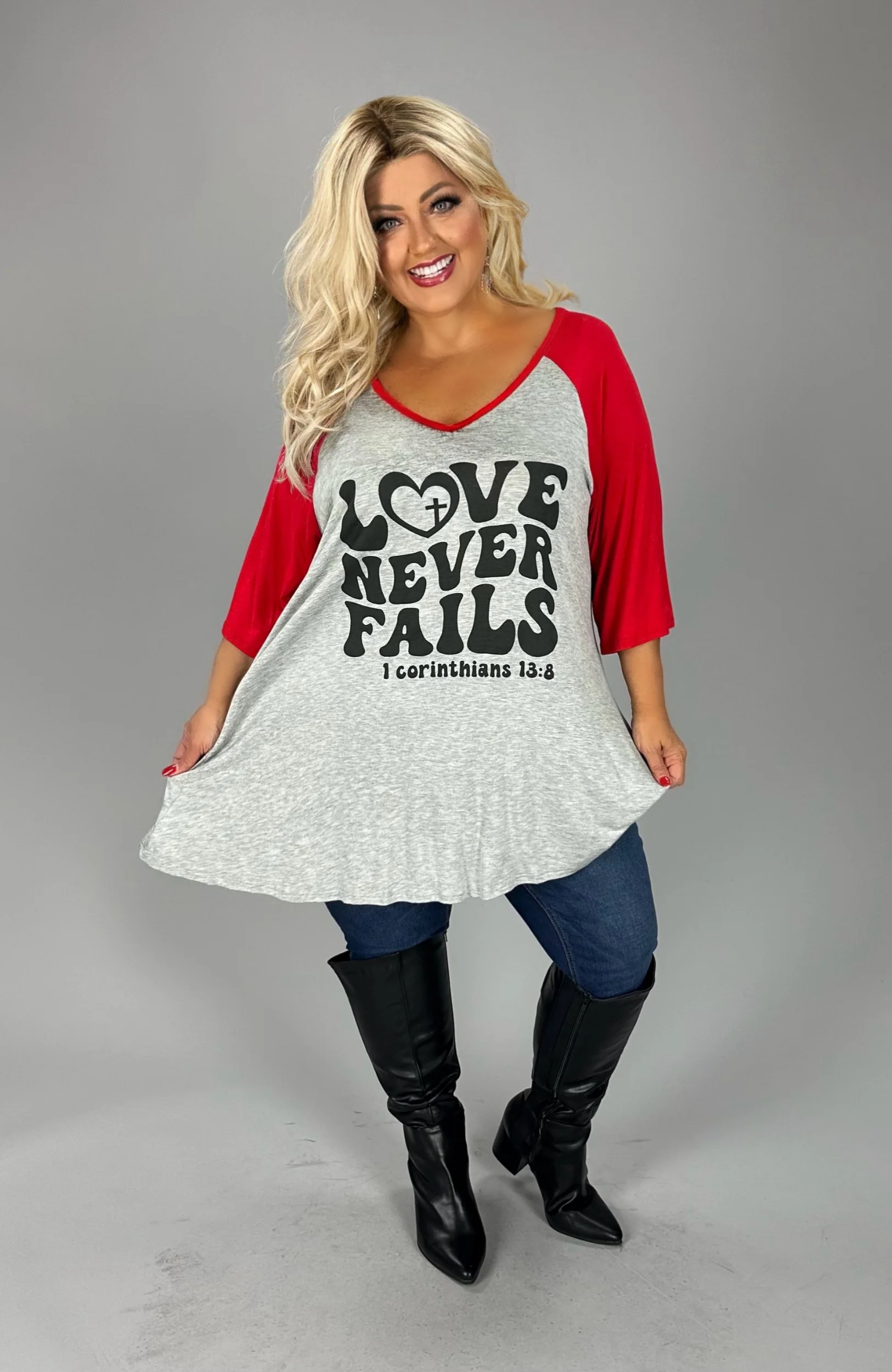 27 GT {Love Never Fails} Grey/Red Graphic Tee CURVY BRAND!!! EXTENDED PLUS SIZE XL 2X 3X 4X 5X 6X - Image 4