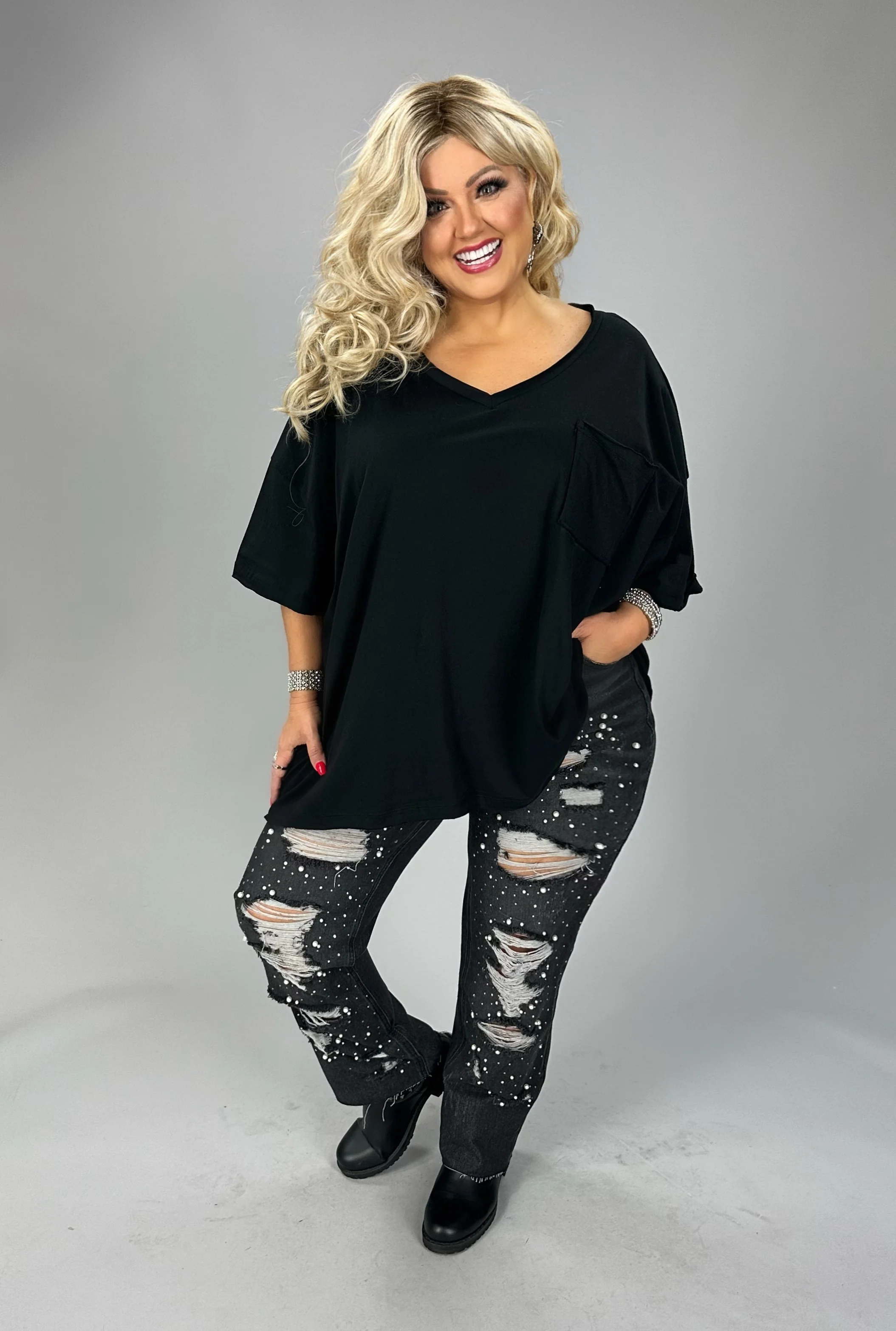 27 SSS {Happy As Can Be} Black V-Neck Top w/Pocket PLUS SIZE 1X 2X 3X - Image 3