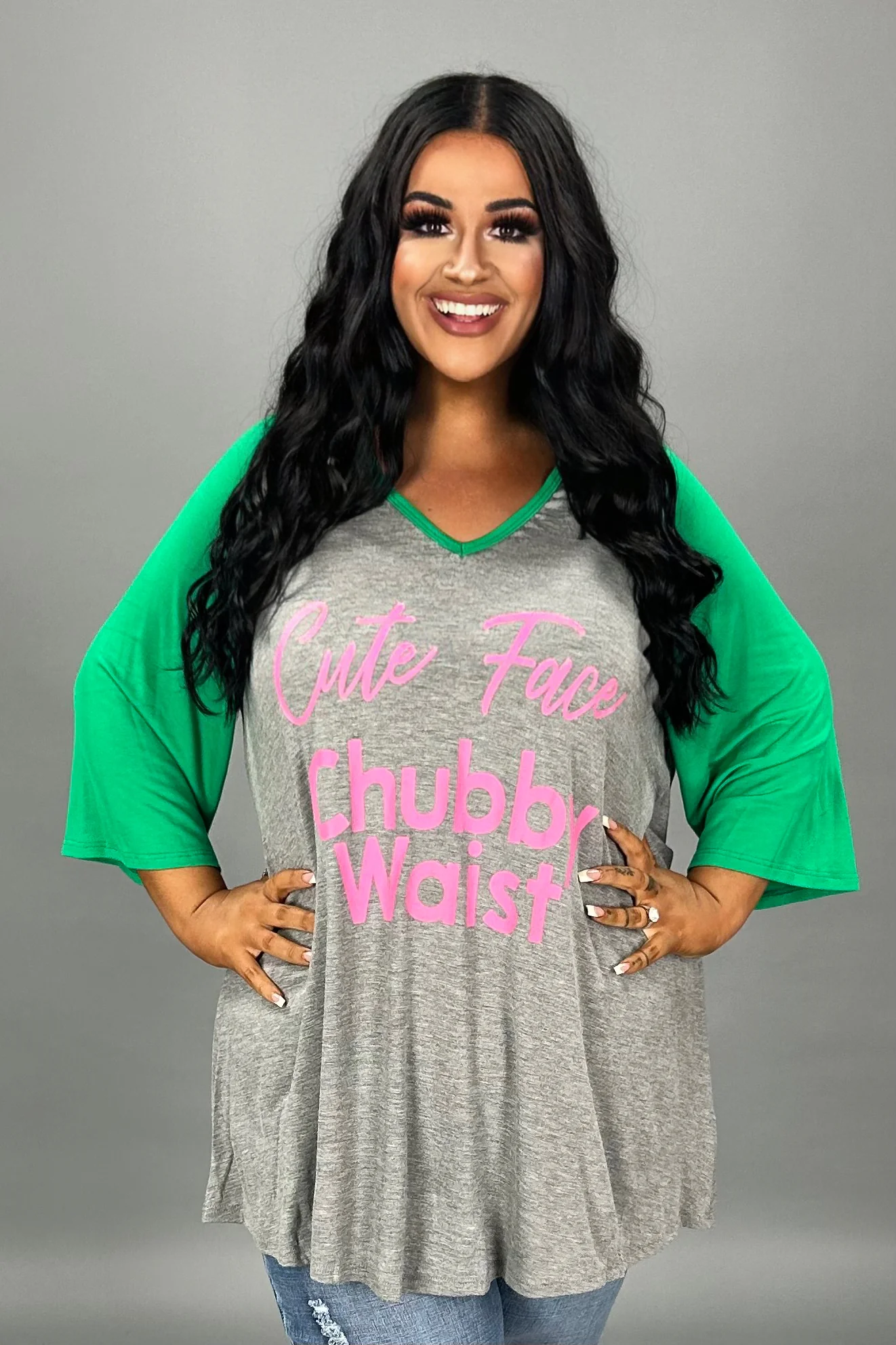 28 GT {Cute Face Chubby Waist} Grey Green Graphic Tee CURVY BRAND!!!  EXTENDED PLUS SIZE XL 2X 3X 4X 5X 6X (May Size Down 1 Size) - Image 5