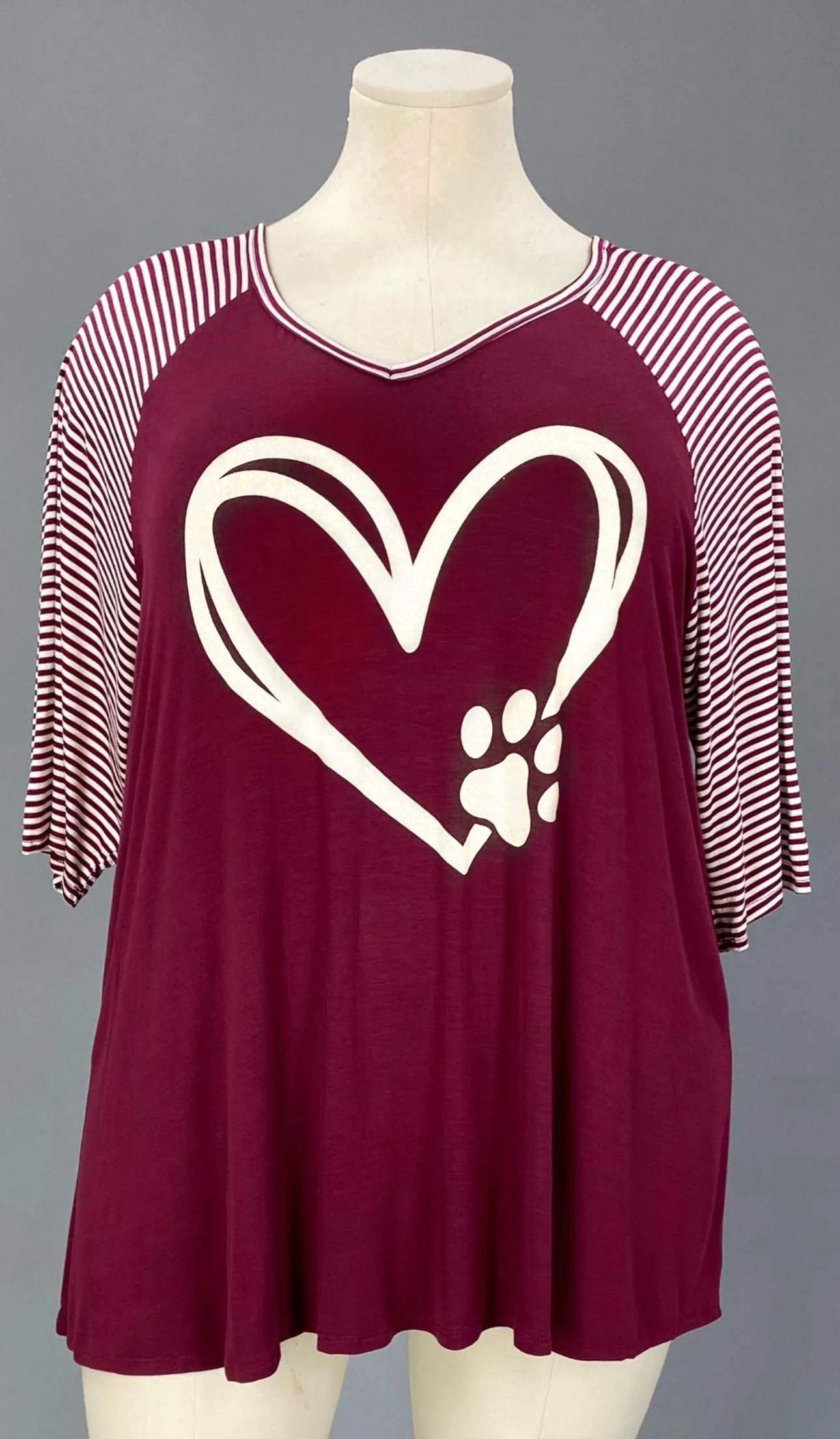 29  GT {Paw Heart} Burgundy w/ Striped Sleeve Graphic Tee  PLUS  SIZE XL 2X 3X 4X 5X  6X - Image 3