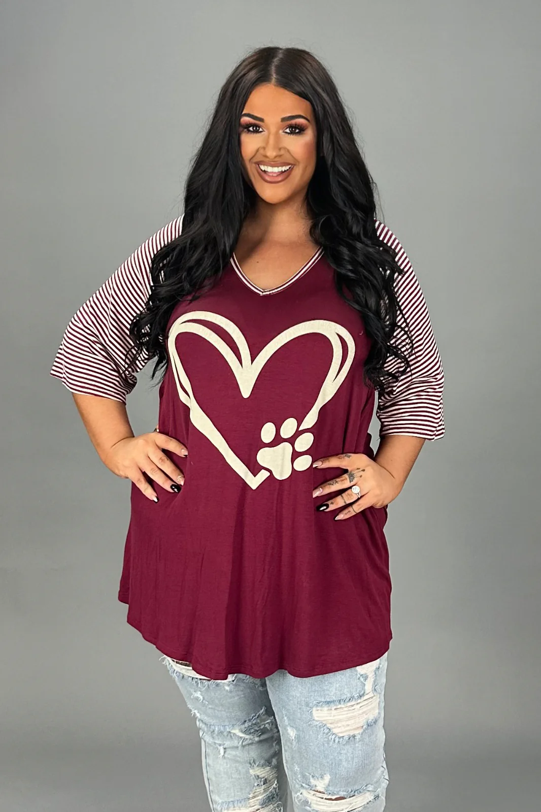 29  GT {Paw Heart} Burgundy w/ Striped Sleeve Graphic Tee  PLUS  SIZE XL 2X 3X 4X 5X  6X - Image 4