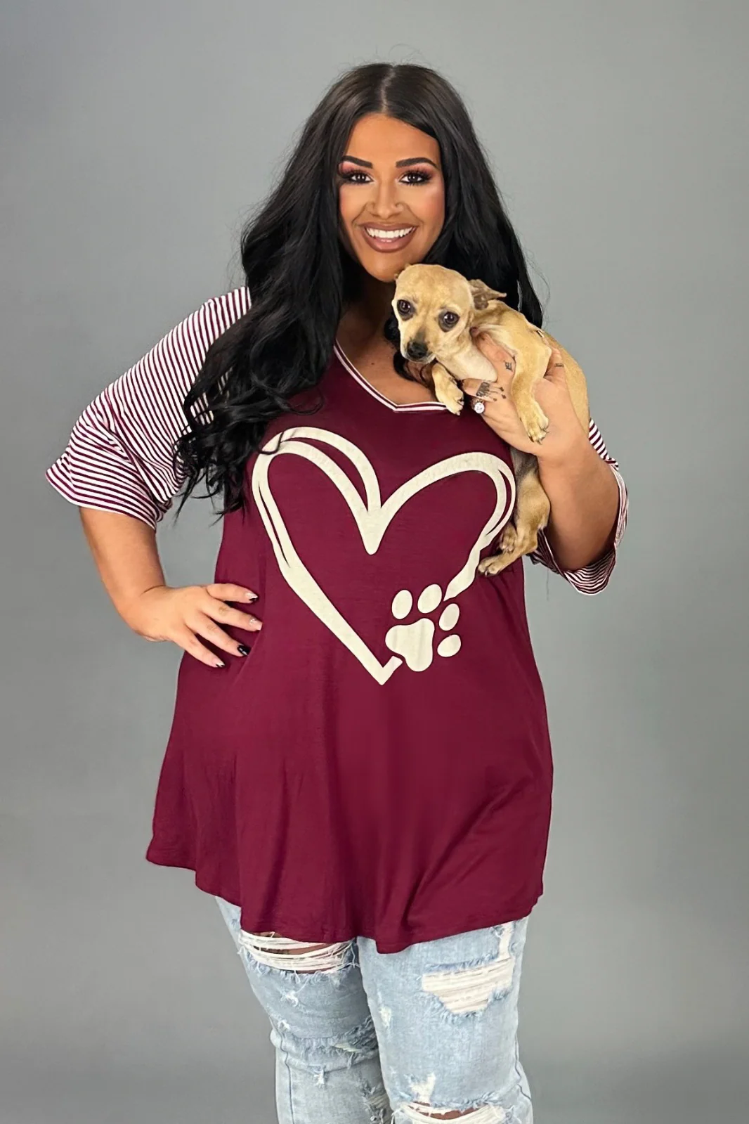 29  GT {Paw Heart} Burgundy w/ Striped Sleeve Graphic Tee  PLUS  SIZE XL 2X 3X 4X 5X  6X - Image 5