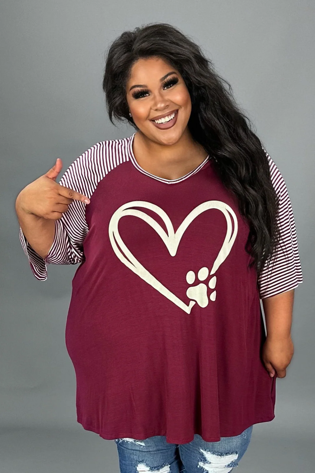 29  GT {Paw Heart} Burgundy w/ Striped Sleeve Graphic Tee  PLUS  SIZE XL 2X 3X 4X 5X  6X - Image 6