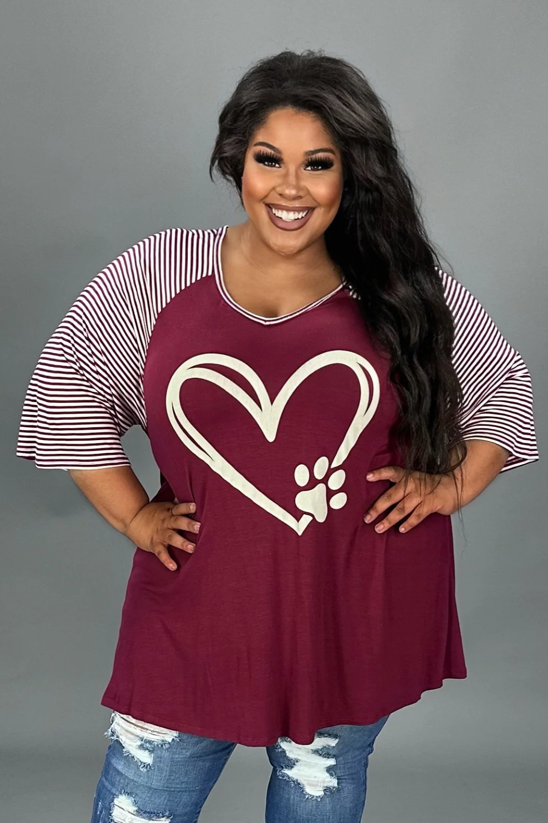 29  GT {Paw Heart} Burgundy w/ Striped Sleeve Graphic Tee  PLUS  SIZE XL 2X 3X 4X 5X  6X - Image 7