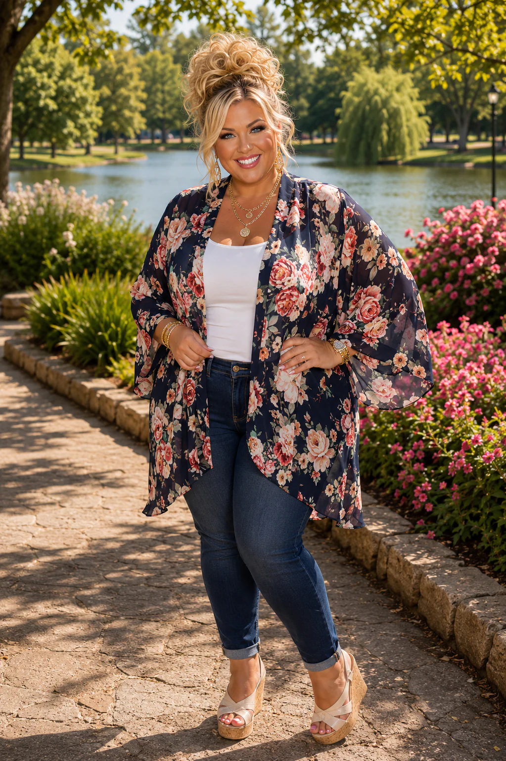 29 OT {Floral Journey} Navy Pink Floral Sheer Cardigan  PLUS SIZE 1X 2X 3X