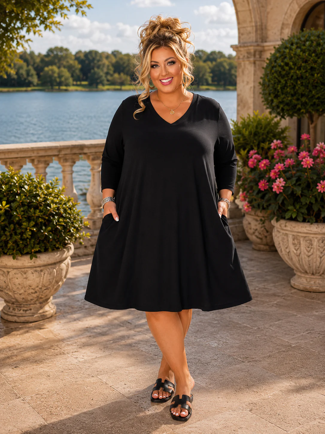 29 SQ {My Go To} Black V-Neck Dress w/Pockets EXTENDED PLUS SIZE 1X 2X 3X 4X 5X