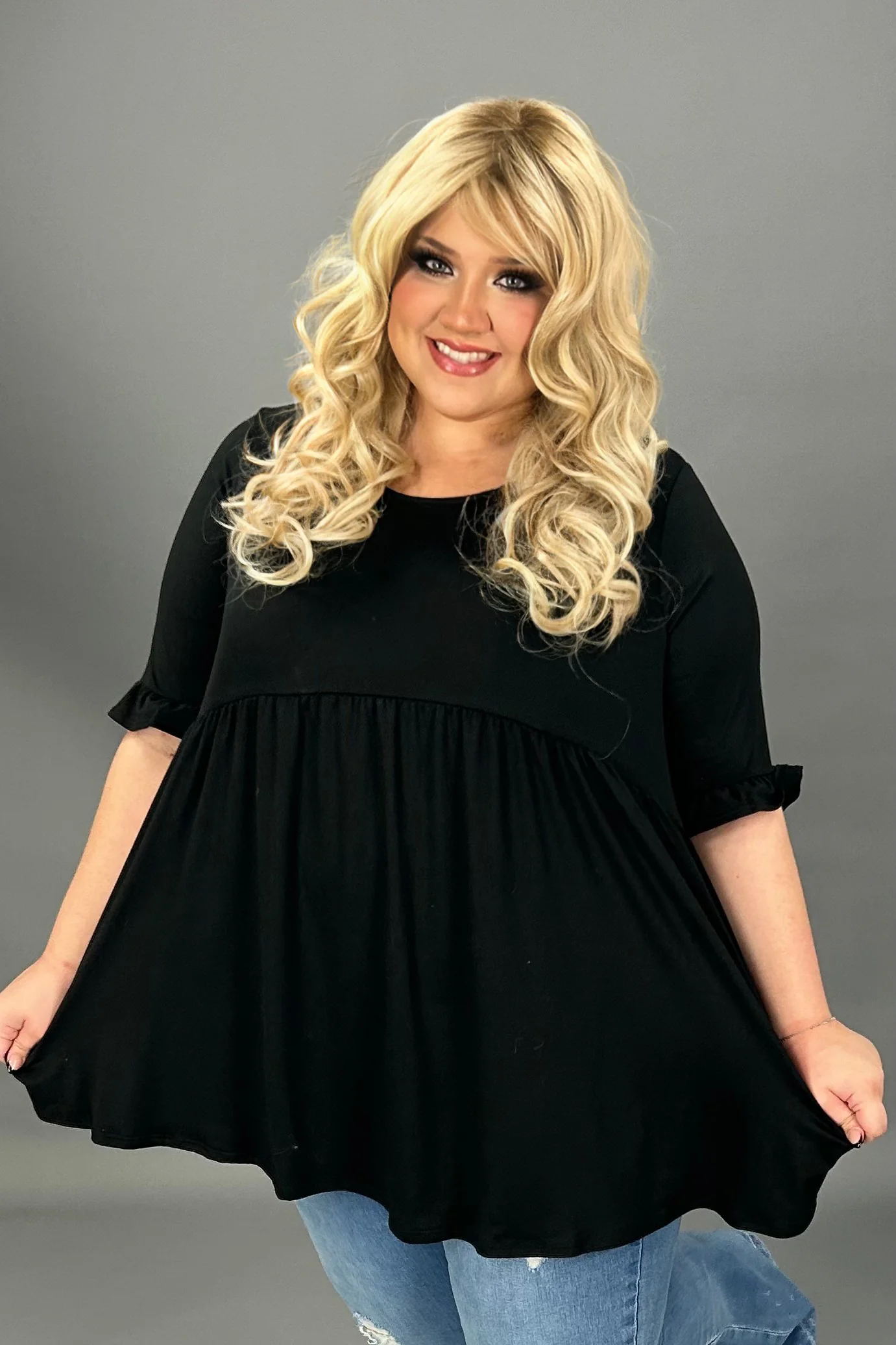 29 SSS-D {Curvy Is My Fav} Black Babydoll Ruffle Sleeve Tunic  PLUS SIZE XL 2X 3X  (May Size Down 1 Size) - Image 4