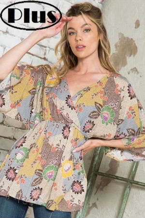 30 PSS-S {Flirting With Perfection} Mustard Print V-Neck Top PLUS SIZE 1X 2X 3X - Image 3