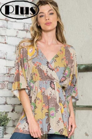 30 PSS-S {Flirting With Perfection} Mustard Print V-Neck Top PLUS SIZE 1X 2X 3X - Image 4