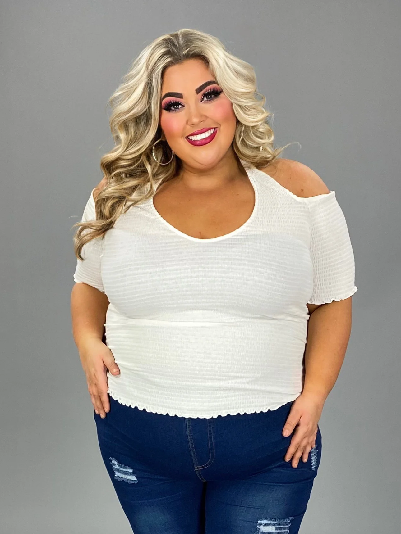 31 OS-Y {Happening Now} White Smocked Halter Top PLUS SIZE XL 2X 3X - Image 2