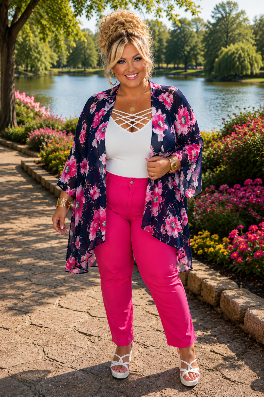 31 OT {Time To Bloom} Navy Fuchsia Floral Sheer Cardigan PLUS SIZE 1X 2X 3X