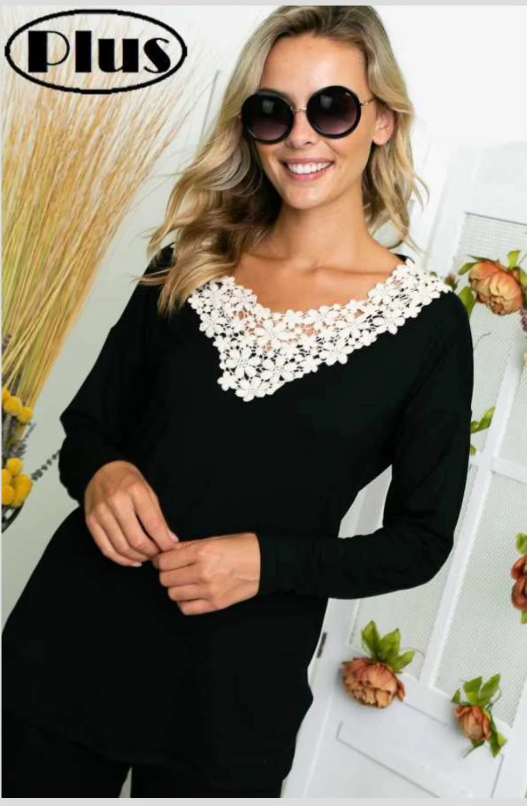32 SD {Shine Like A Diamond} Black Top w/Ivory Crochet Neck PLUS SIZE 1X 2X 3X - Image 5