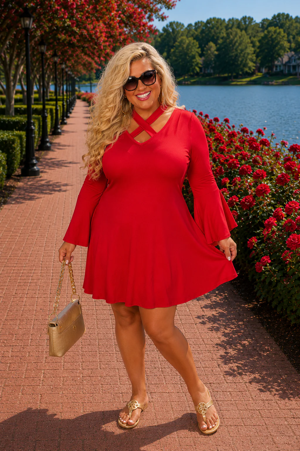32 SQ {Dreaming Of Elegance} Red V-Neck Top w/ Tie Cross Neck Detail PLUS SIZE XL 2X 3X