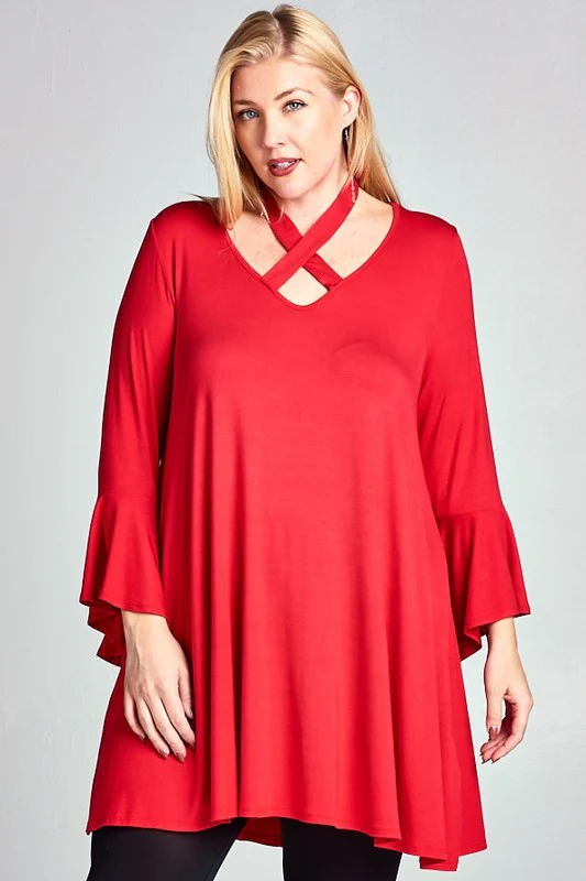 32 SQ {Dreaming Of Elegance} Red V-Neck Top w/ Tie Cross Neck Detail PLUS SIZE XL 2X 3X - Image 2