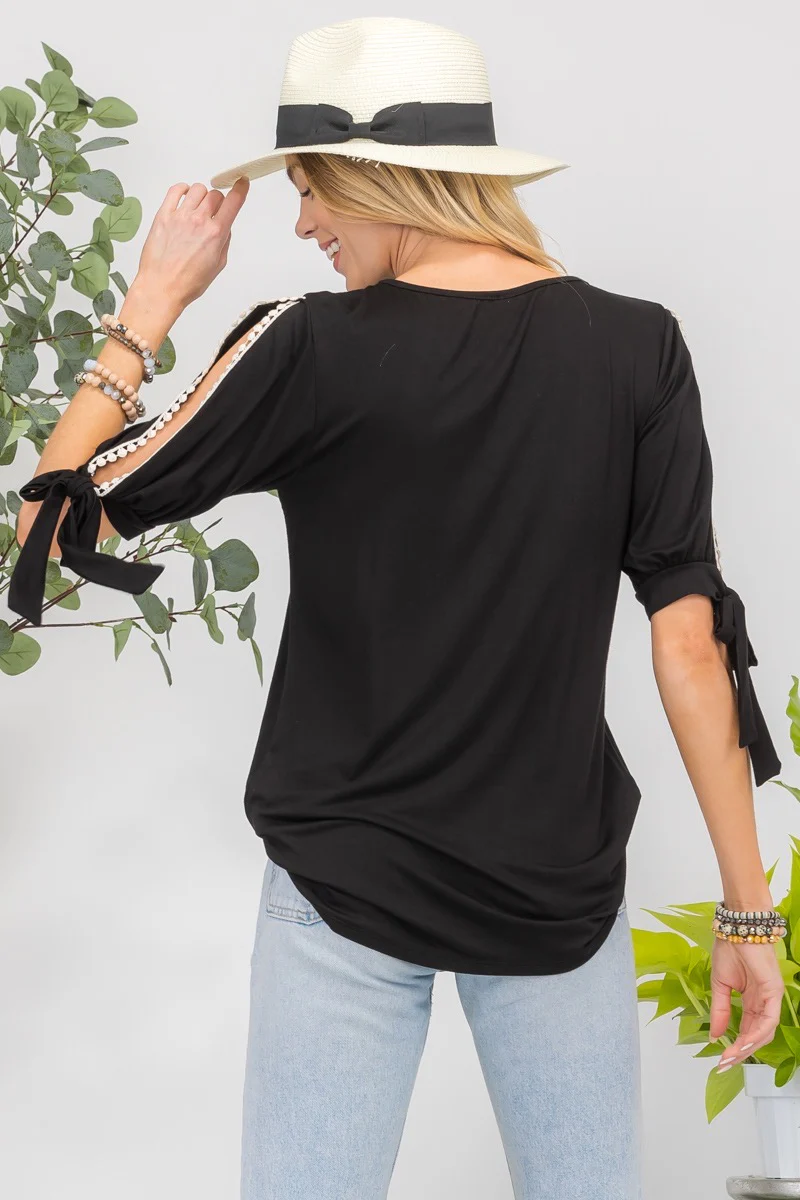 34 OS-O {Lucky Vibes} Black Top w/Sleeve Detail  PLUS SIZE XL 2X 3X - Image 3