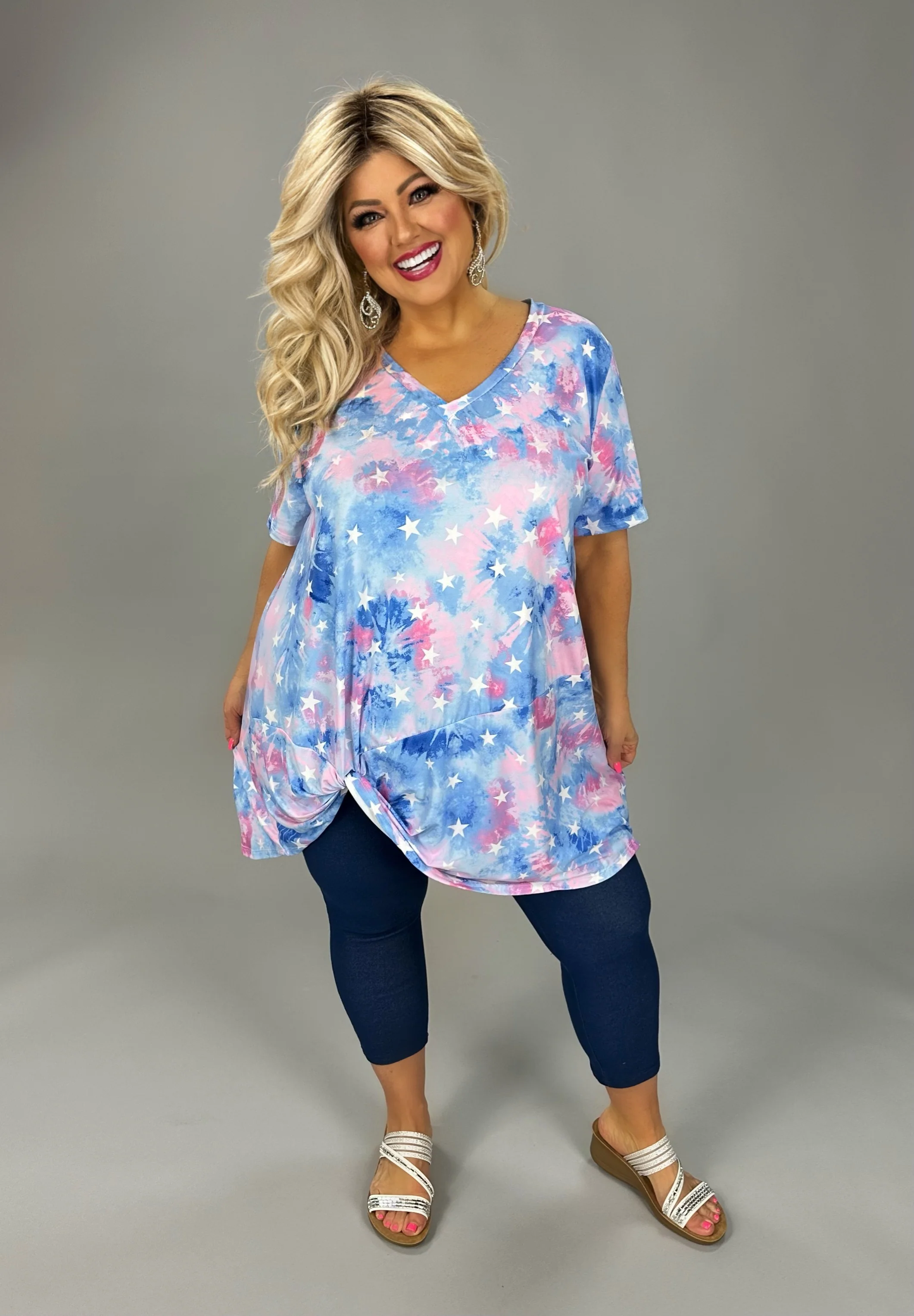 35 PSS {Be A Star} Pink Blue Tie Dye Star Print Knot Hem Top PLUS SIZE 1X 2X 3X - Image 3