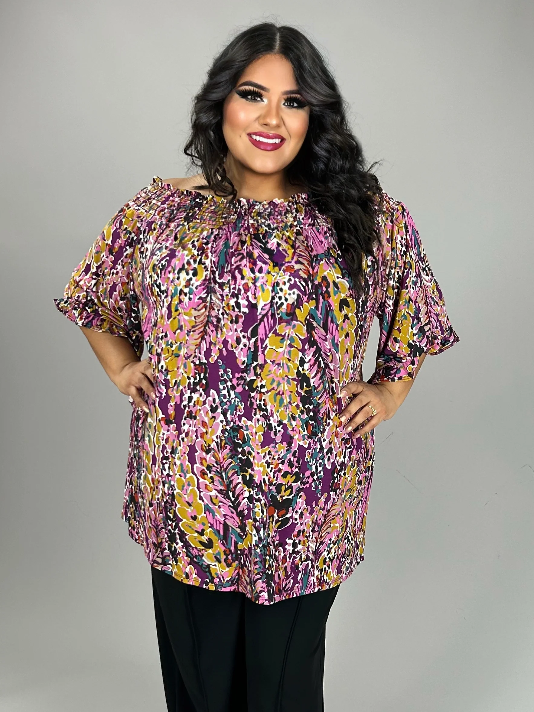 36 OS {Forever Fabulous} Purple Print Off Shoulder Top PLUS SIZE XL 2X 3X - Image 3