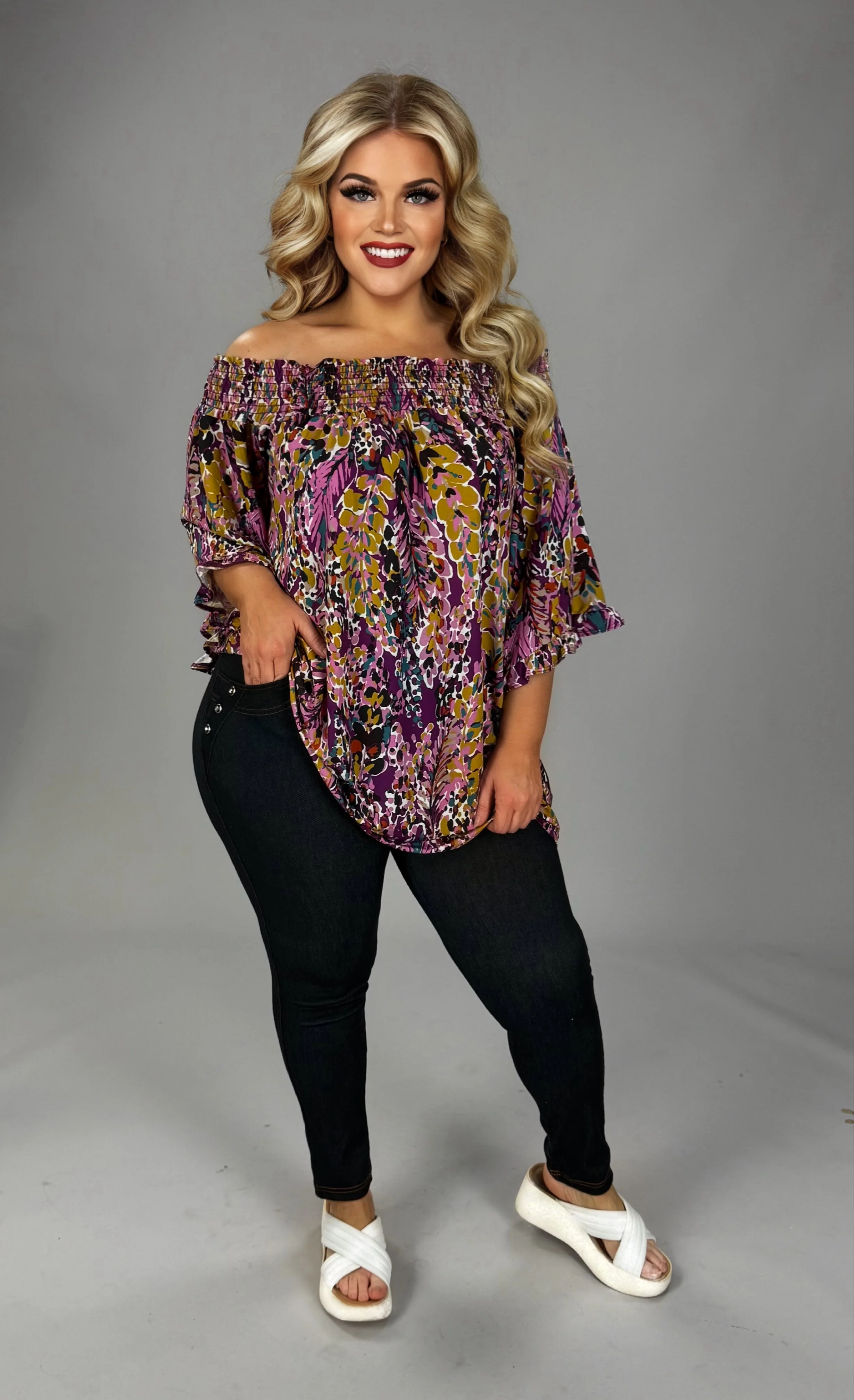 36 OS {Forever Fabulous} Purple Print Off Shoulder Top PLUS SIZE XL 2X 3X - Image 4