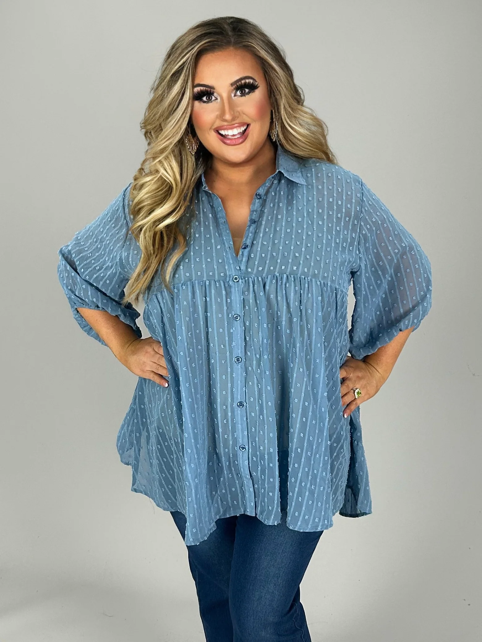 39 SQ-E {Bring On The Fun} Umgee Dusty Blue Swiss Dot Tunic PLUS SIZE XL 1X 2X - Image 6
